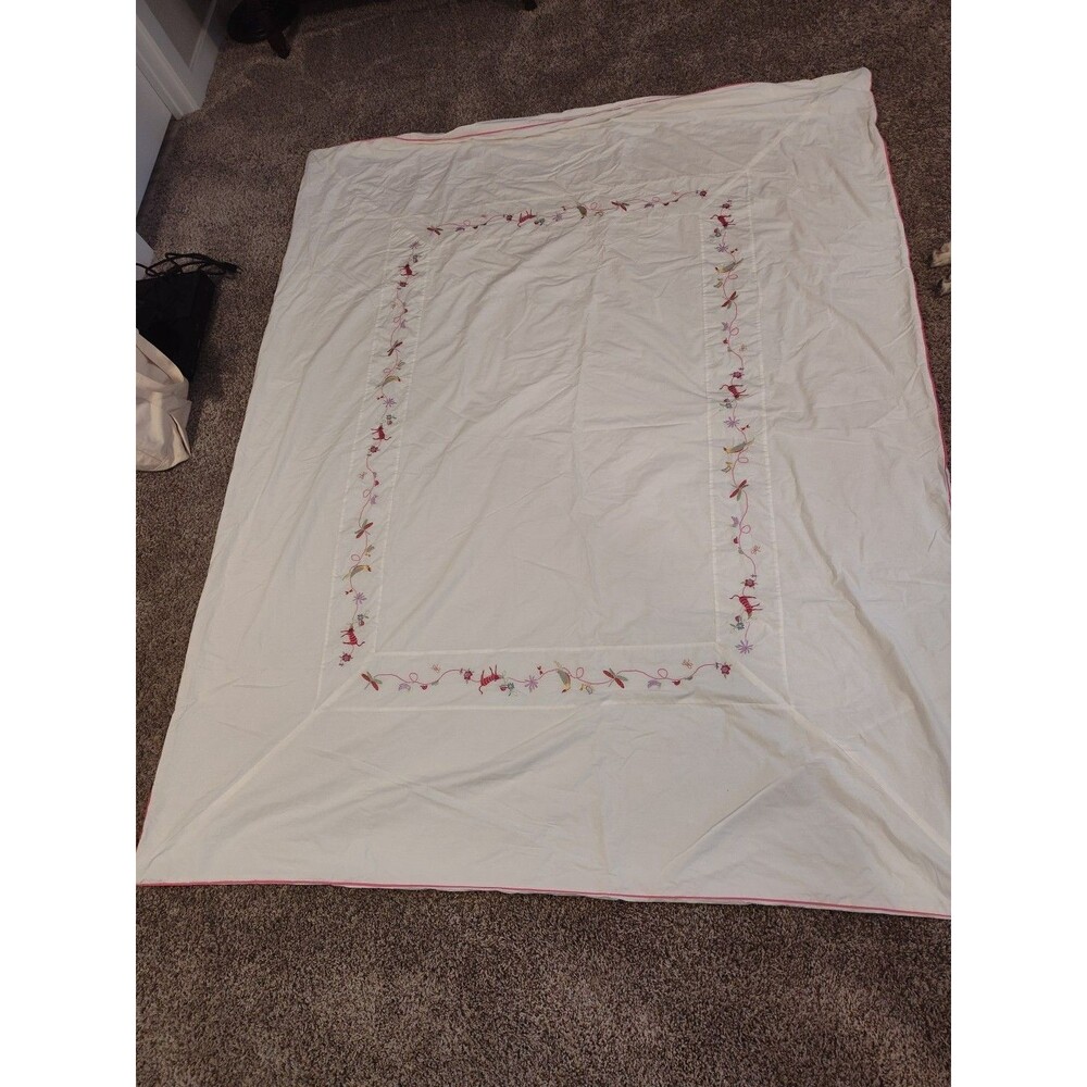 Pottery Barn kids Duvet Cover 100% Cotton White with Pink Embroidery Twin 85x62